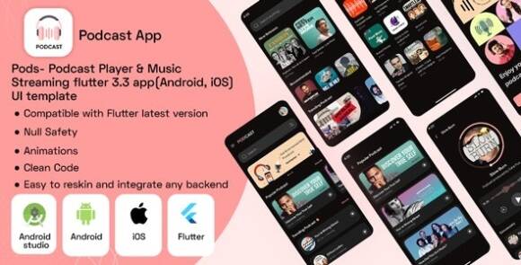 Pods Podcast Player Music Streaming Flutter App Android iOS UI Template