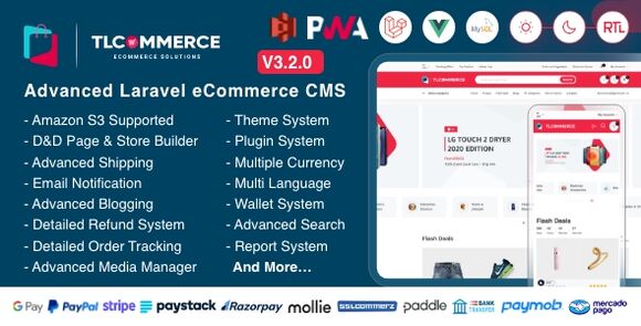 TLCommerce Laravel and VueJS Powered Ecommerce CMS with PWA Nulled